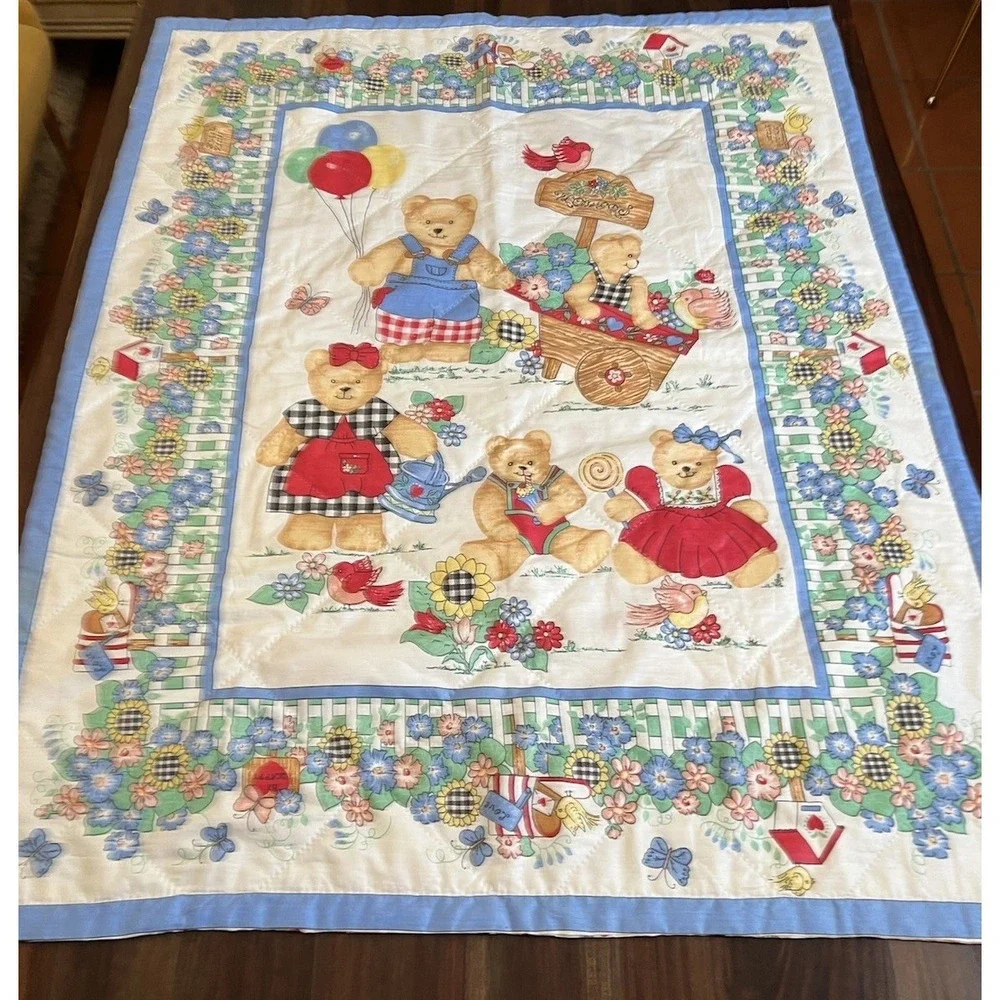 Vtg‎ Gardening Blue Jean Teddy Bear Blanket Family Baby Quilt Handmade 34